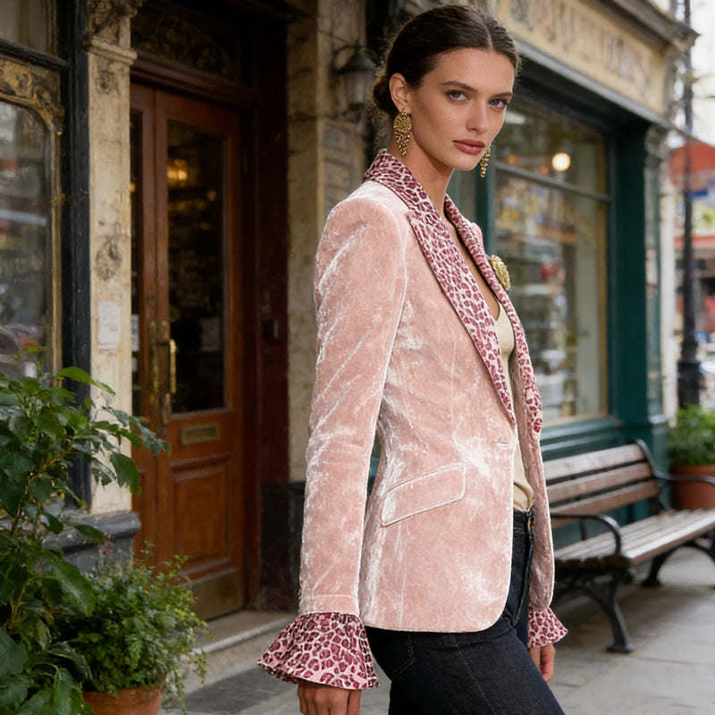 🔥Offres spéciales ✨ Blazer en velours pour femme avec revers imprimé léopard