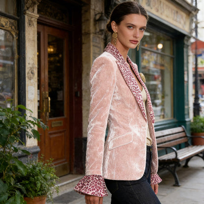 🔥Offres spéciales ✨ Blazer en velours pour femme avec revers imprimé léopard