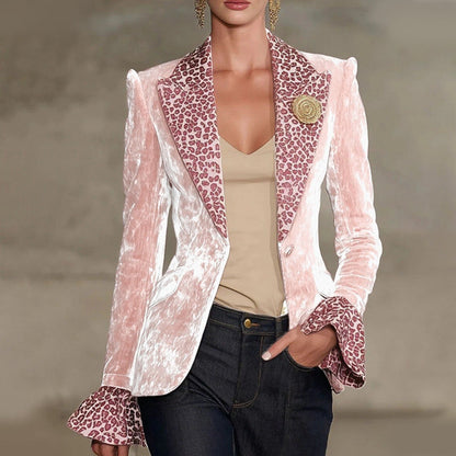 🔥Offres spéciales ✨ Blazer en velours pour femme avec revers imprimé léopard