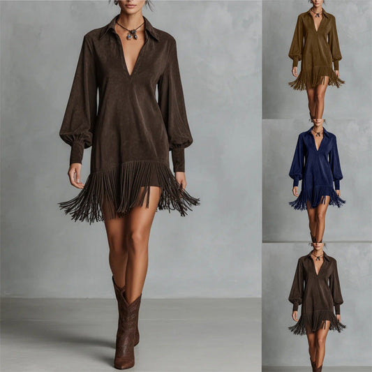 Robe à manches longues, col en V et franges en simili-suède pour femme