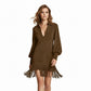 Robe à manches longues, col en V et franges en simili-suède pour femme