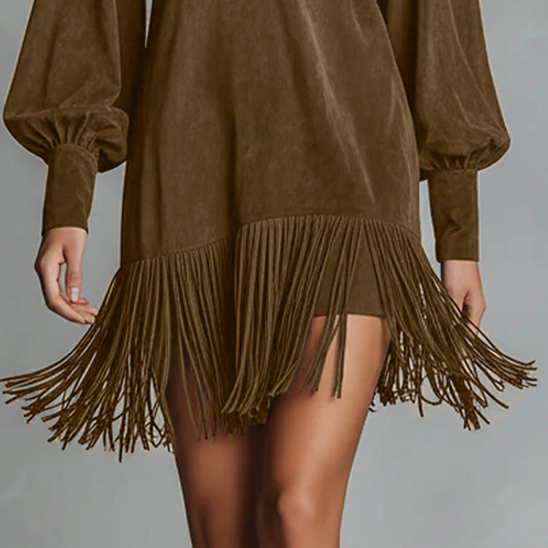 Robe à manches longues, col en V et franges en simili-suède pour femme