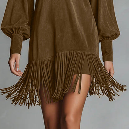Robe à manches longues, col en V et franges en simili-suède pour femme