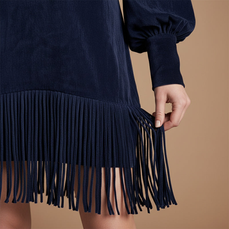 Robe à manches longues, col en V et franges en simili-suède pour femme