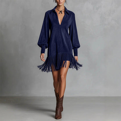 Robe à manches longues, col en V et franges en simili-suède pour femme