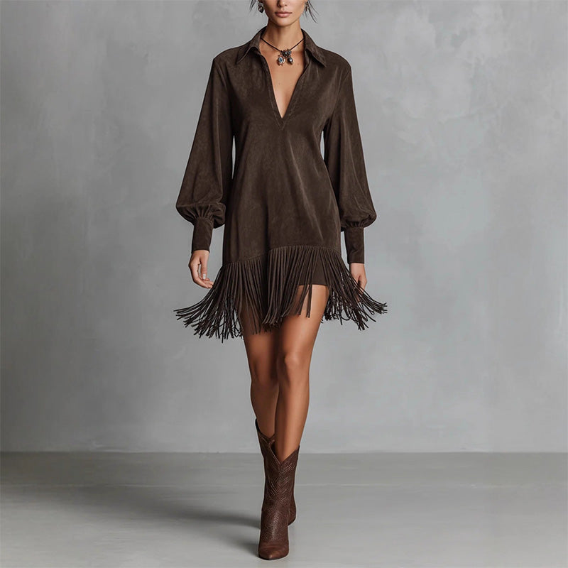 Robe à manches longues, col en V et franges en simili-suède pour femme