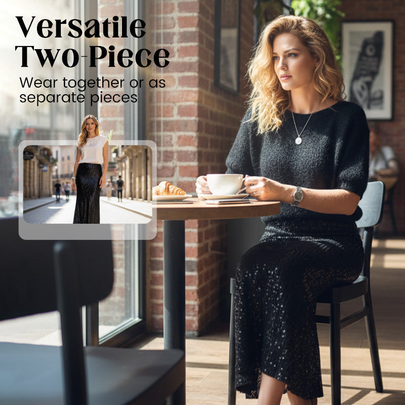 ✨Offre spéciale Nouvel An 2026👚Ensemble deux pièces pour femmes : haut tricoté et jupe à paillettes💕