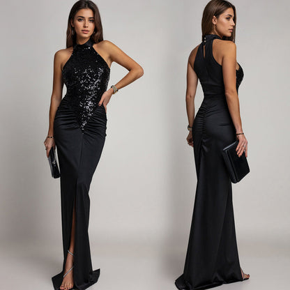 Magnifique robe bustier avec fente et paillettes pour femmes