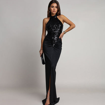 Magnifique robe bustier avec fente et paillettes pour femmes