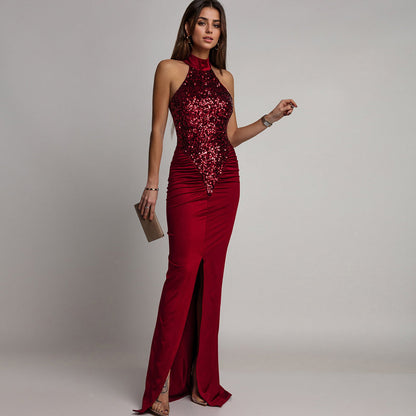 Magnifique robe bustier avec fente et paillettes pour femmes