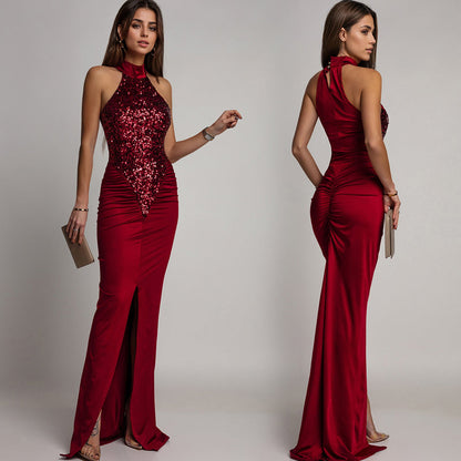 Magnifique robe bustier avec fente et paillettes pour femmes