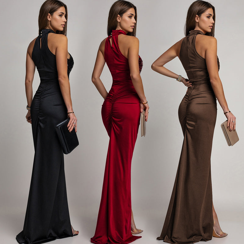 Magnifique robe bustier avec fente et paillettes pour femmes