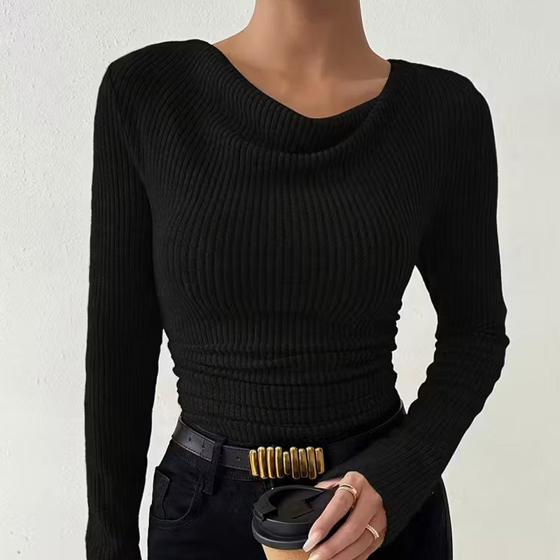 Hauts en tricot à manches longues, col drapé et froncé pour femmes