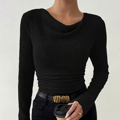 Hauts en tricot à manches longues, col drapé et froncé pour femmes