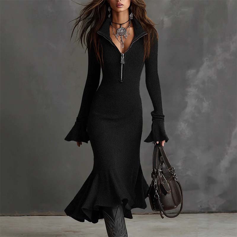 📣Nouveaux articles en promotion !😍Mermaid Elegance – Robe tricotée avec fermeture éclair et manches évasées 💃
