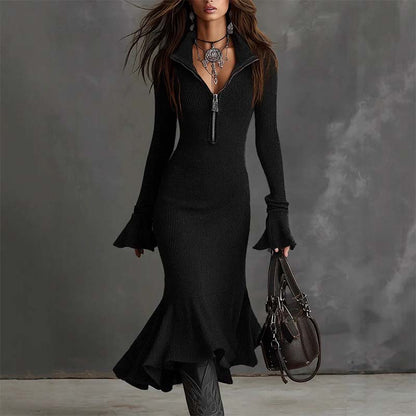 📣Nouveaux articles en promotion !😍Mermaid Elegance – Robe tricotée avec fermeture éclair et manches évasées 💃