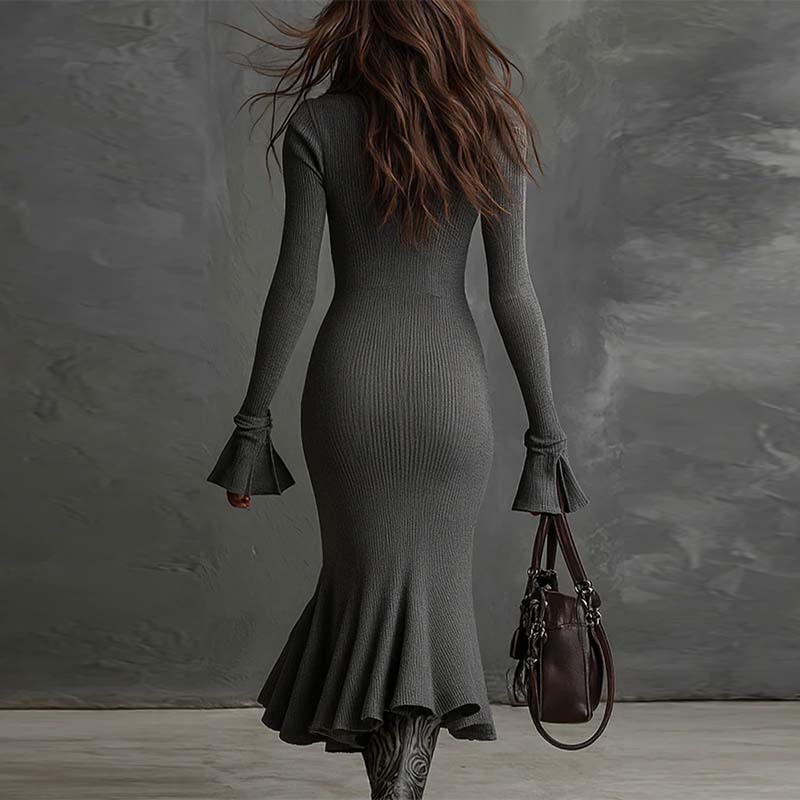 📣Nouveaux articles en promotion !😍Mermaid Elegance – Robe tricotée avec fermeture éclair et manches évasées 💃