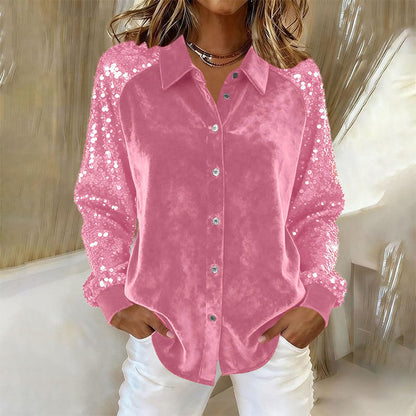 Chemise à manches longues boutonnée et à paillettes pour femme