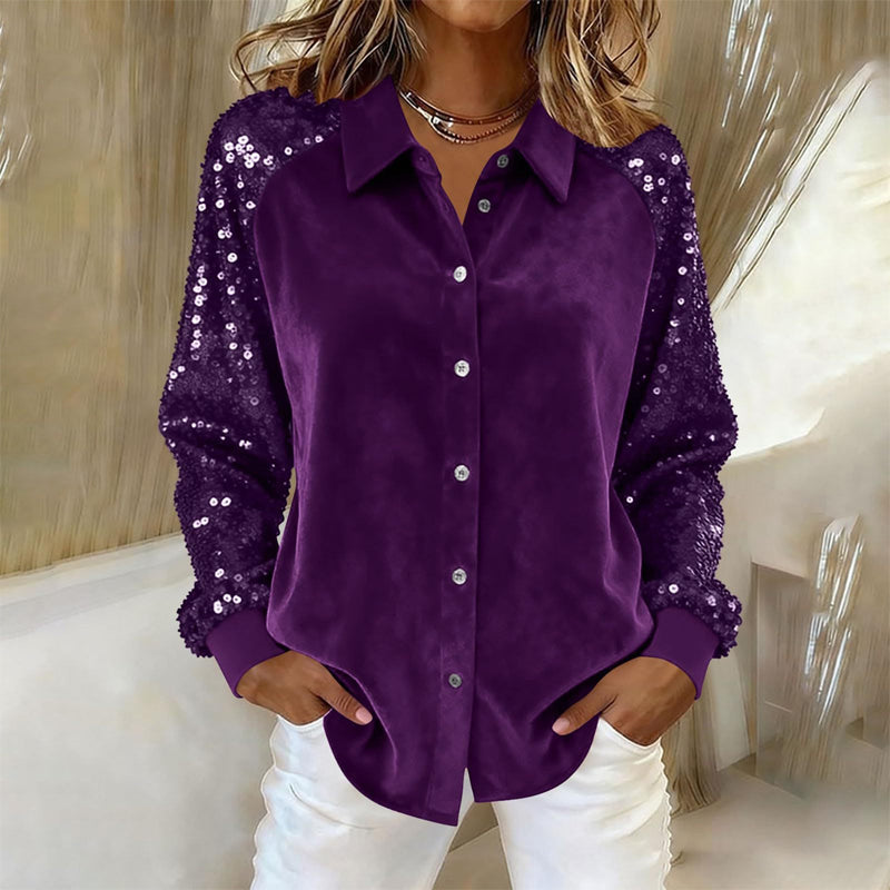 Chemise à manches longues boutonnée et à paillettes pour femme