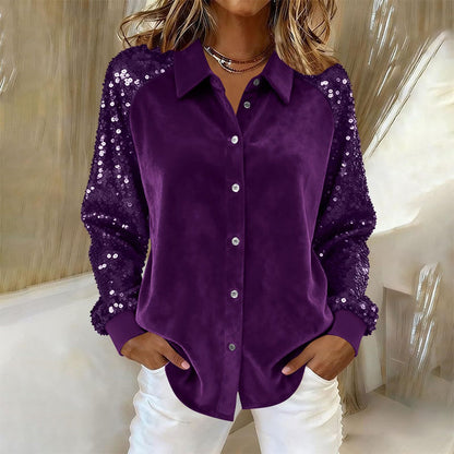 Chemise à manches longues boutonnée et à paillettes pour femme