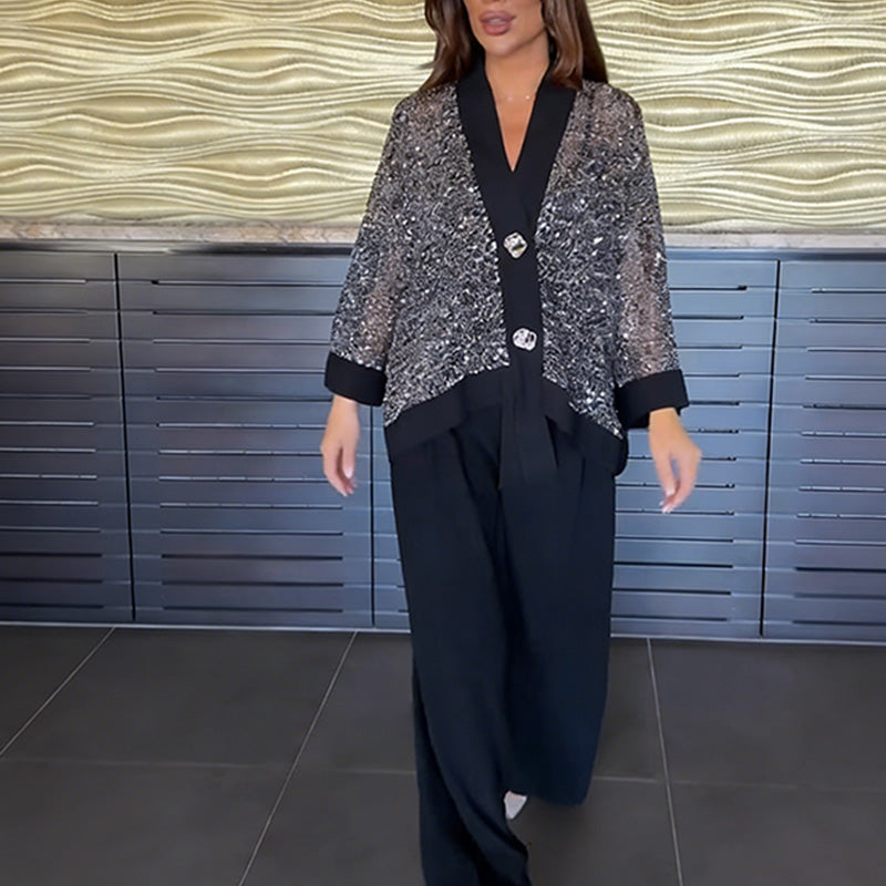 Ensemble 2 pièces pour femme comprenant un cardigan à col en V et à paillettes et un pantalon à jambes larges
