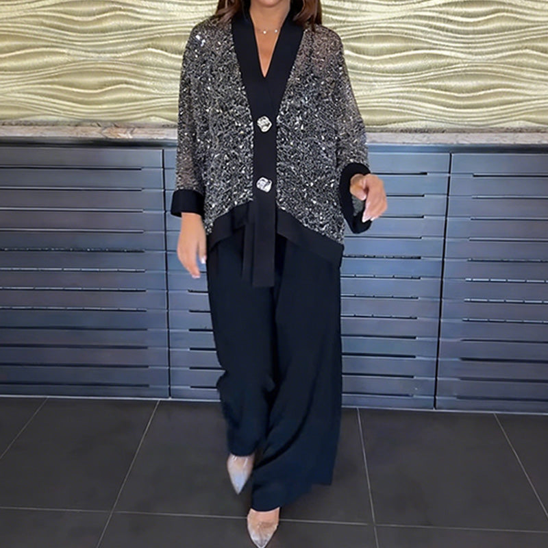 Ensemble 2 pièces pour femme comprenant un cardigan à col en V et à paillettes et un pantalon à jambes larges