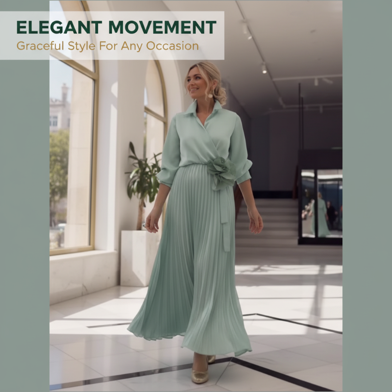 Élégante robe longue plissée avec détail floral à la taille