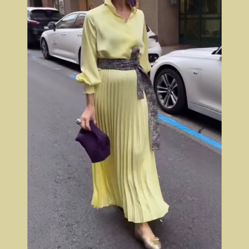 Élégante robe longue plissée avec détail floral à la taille