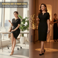 🧡Nouveauté🔥Robe classique noire à manches courtes et col en V scintillante