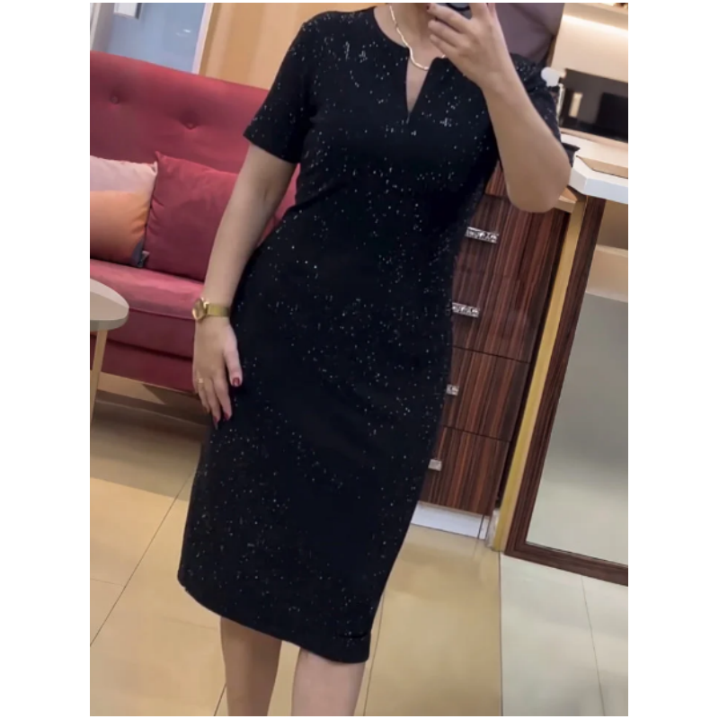 🧡Nouveauté🔥Robe classique noire à manches courtes et col en V scintillante