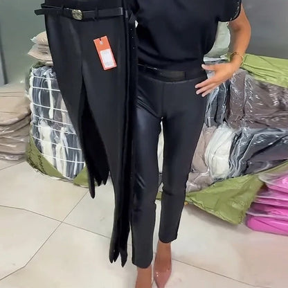 Pantalon taille haute en similicuir pour femme