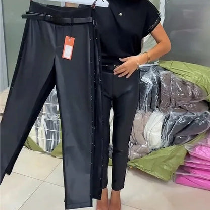 Pantalon taille haute en similicuir pour femme