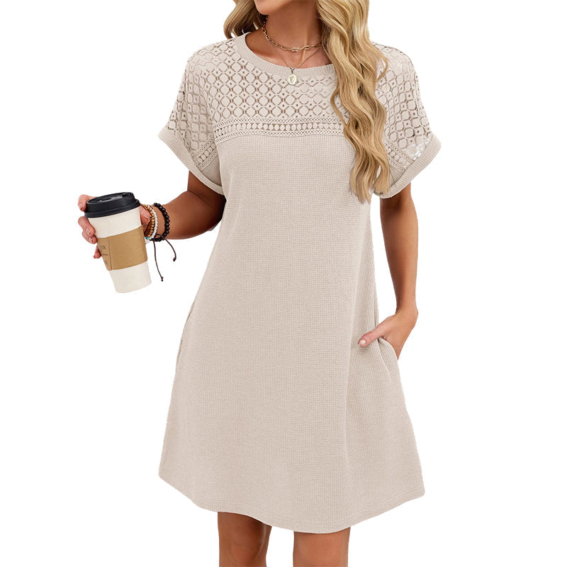 Robe trapèze à manches courtes en dentelle patchwork pour femme