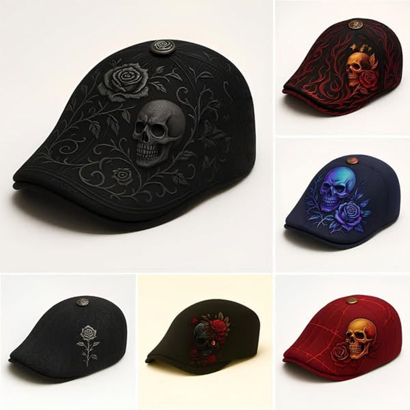 Casquette Plate pour Homme avec Motif Tête de Mort et Épines