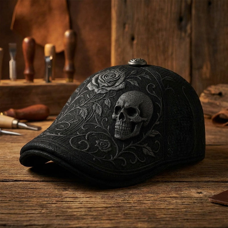 Casquette Plate pour Homme avec Motif Tête de Mort et Épines