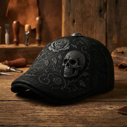 Casquette Plate pour Homme avec Motif Tête de Mort et Épines