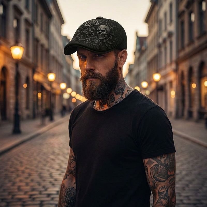 Casquette Plate pour Homme avec Motif Tête de Mort et Épines