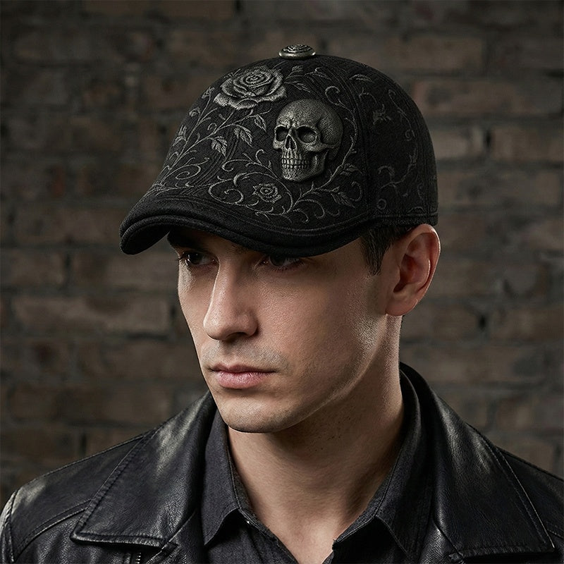 Casquette Plate pour Homme avec Motif Tête de Mort et Épines