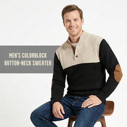 🧥 60% DE RÉDUCTION ! 🎨 Pull Homme à Col Boutonné – Style Color Block, Coupe Confortable & Renforts aux Coudes Durable 👔