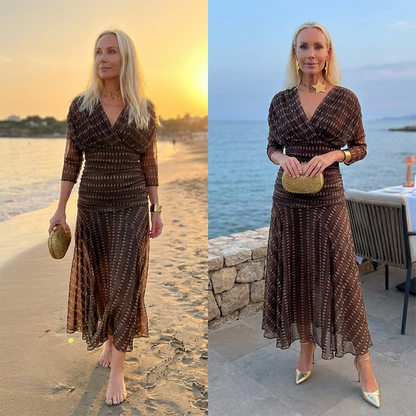 ⏳Spécial à durée limitée⏰Robe longue bohème à col en V et ruchés en maille👗