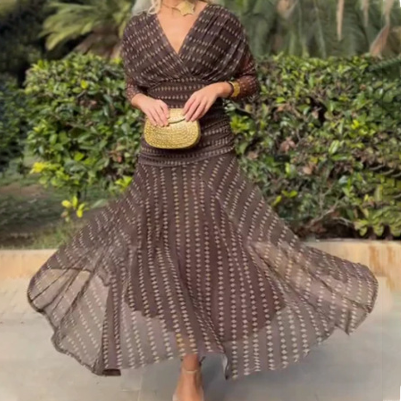 ⏳Spécial à durée limitée⏰Robe longue bohème à col en V et ruchés en maille👗