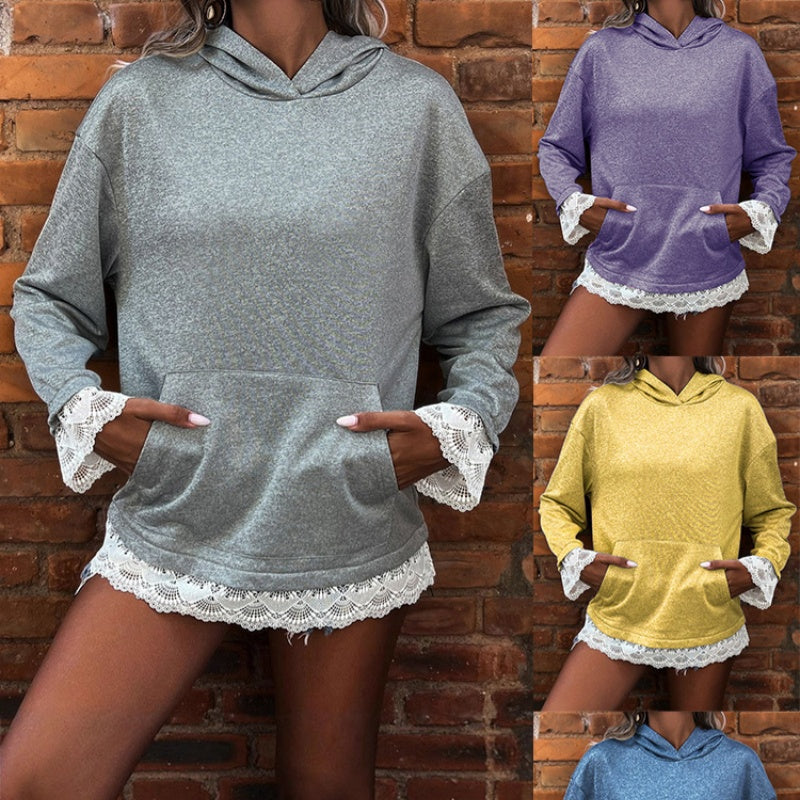 Sweat à capuche à manches longues pour femme avec bordure en dentelle