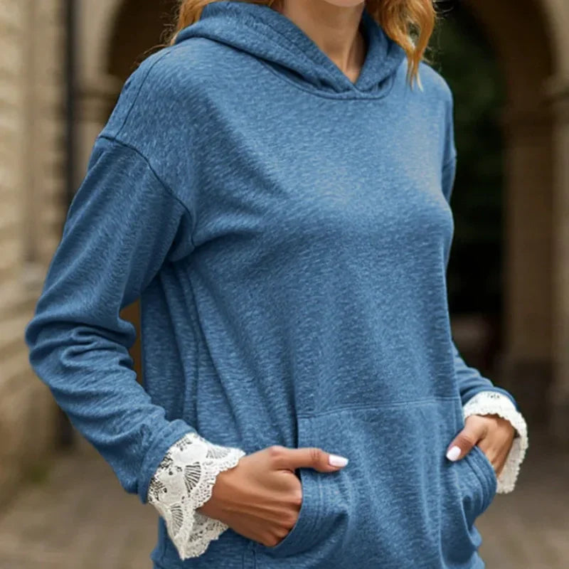 Sweat à capuche à manches longues pour femme avec bordure en dentelle