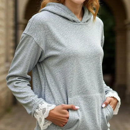 Sweat à capuche à manches longues pour femme avec bordure en dentelle