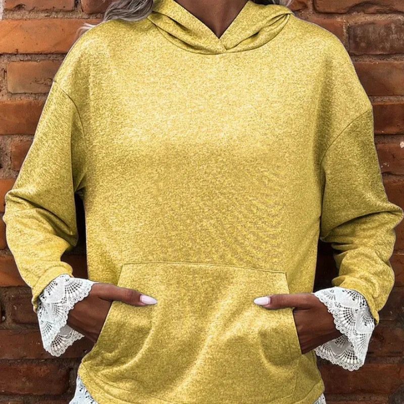 Sweat à capuche à manches longues pour femme avec bordure en dentelle
