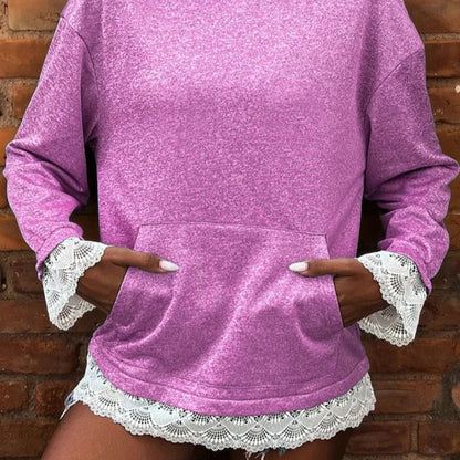 Sweat à capuche à manches longues pour femme avec bordure en dentelle