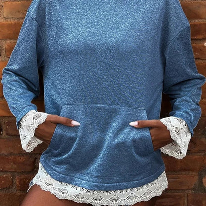 Sweat à capuche à manches longues pour femme avec bordure en dentelle