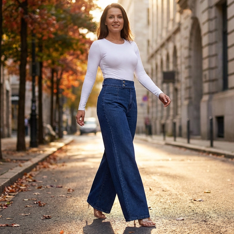 📢📢60 % de réduction !! ⏰Jean taille haute à jambes larges pour femme