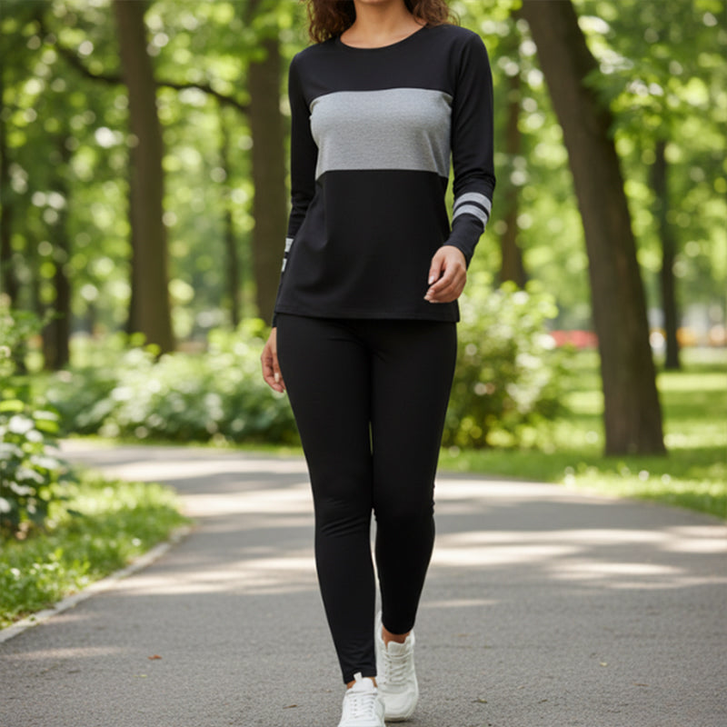 Ensemble 2 pièces pour femme : haut à col rond et pantalon color block