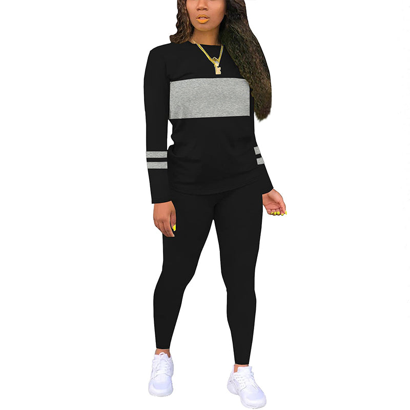 Ensemble 2 pièces pour femme : haut à col rond et pantalon color block